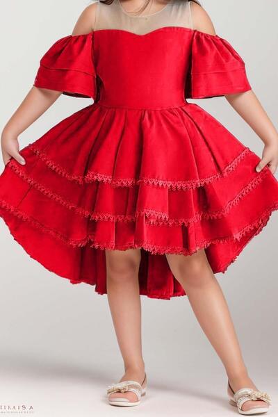 Riccotarz Red Girl's Dress - Off Shoulder, Transparent Collar, Layered Skirt and Tail Detail