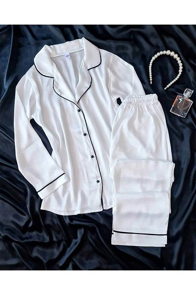 Çeyize dair herşey Silk Satin Pajama Set - White, Front Button, 6666