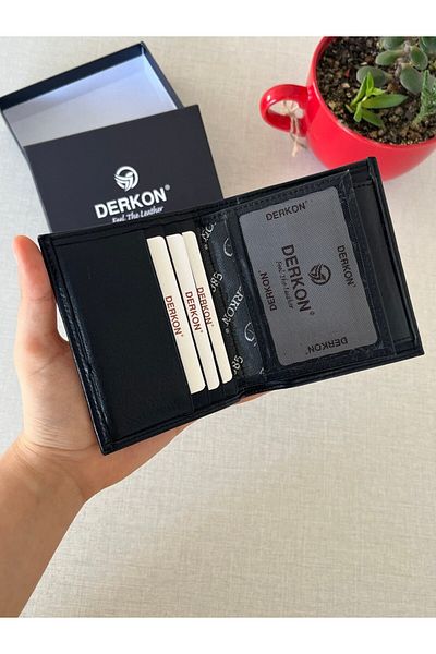 DERKON Genuine Leather Men's Black Wallet - with RFID Protection and Exit from the Inside