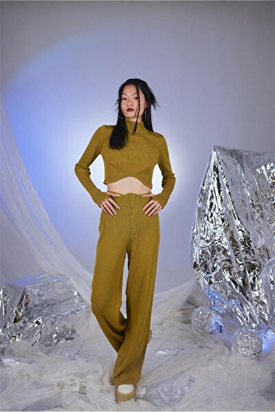 HOLLY LOLLY Lastikli Bel Geniş Paça Esnek Feels Triko Pantolon Yeşil