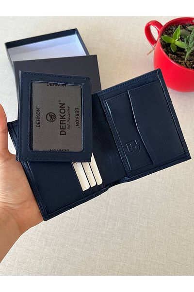 DERKON Navy Blue Men's Wallet - Genuine Leather with RFID Protection and Exit from the Inside