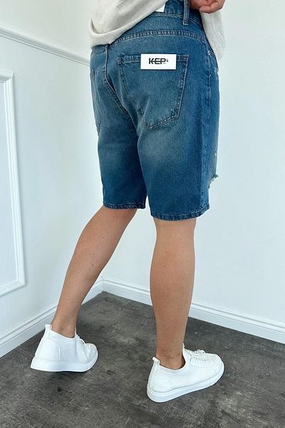 MADZEYMODA Pánské modré džínové kraťasy Jeans - roztrhaný detail