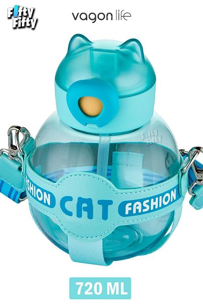 Vagonlife 720 ML Children's Water Bottle with Neck Strap and Straw - Cat Fashion FFVGN2031
