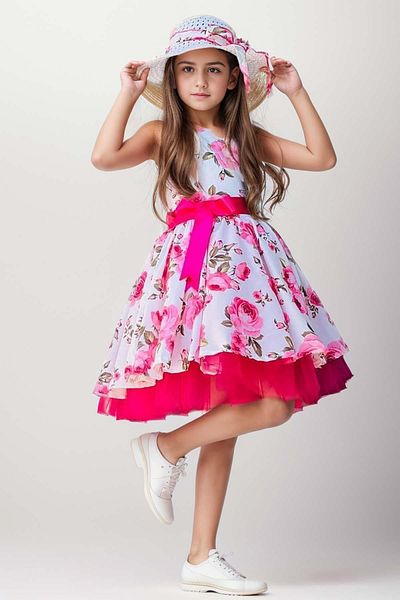 Riccotarz White Rose Printed Girl's Dress - Tulle Skirt and Bow Belt Hat