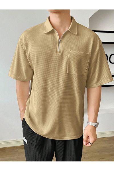 GENIUS STORE Tricou Bej cu guler polo oversize Waffle - Cu fermoar