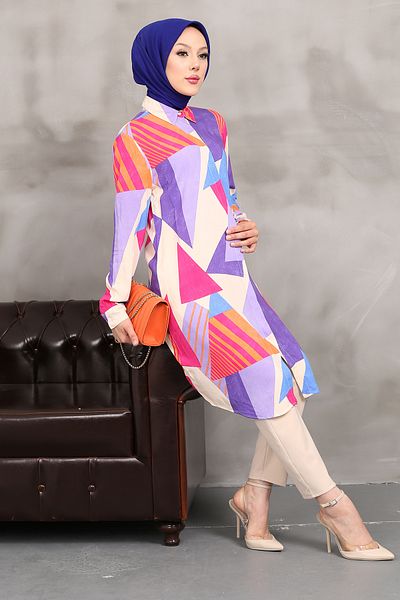 MODAQU Geometric Colored Viscose Tunic - Purple
