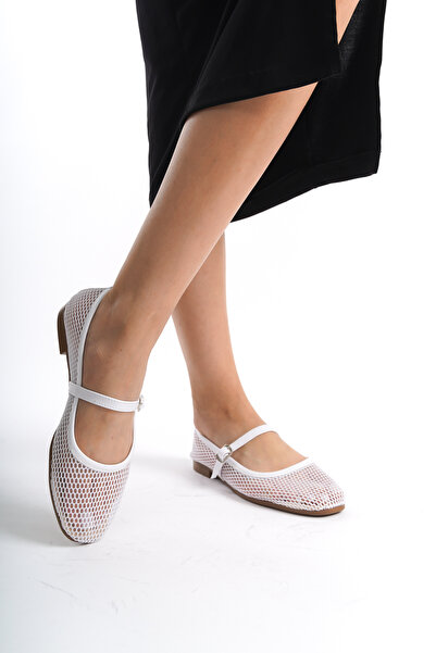 BAKGİY White Women's Single Buckle Honeycomb Mesh Ballerinas - BG1080-111-0003