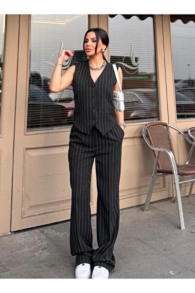 pembekurdelem طقم سترة وبنطلون نسائي مخطط باللون الأسود الكلاسيكي