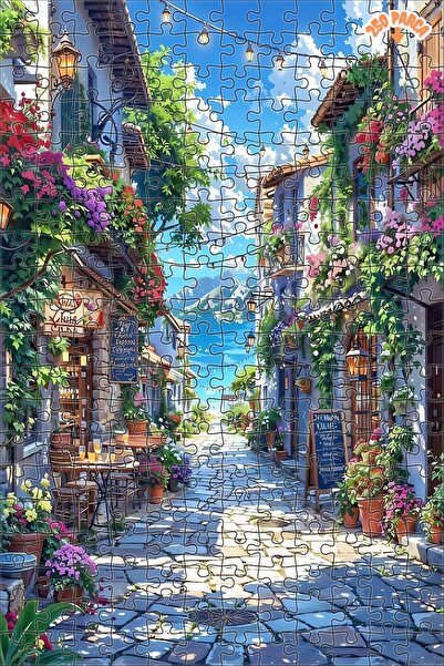 Teona Ahşap Akdeniz Sokak Baharı Dekoratif Çift Katlı Çerçeveli Asılabilir Ah...