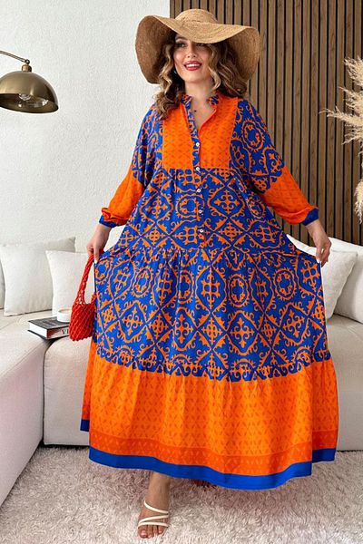 AYASOFYA OTANTIK Blue Orange Floral Print - Buttoned and Balloon Sleeve Long Dress for Women