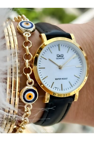 Q&Q Brand Retro Black Leather Cord, Polite Women's Wristwatch + Evil Eye Beaded Bracelet