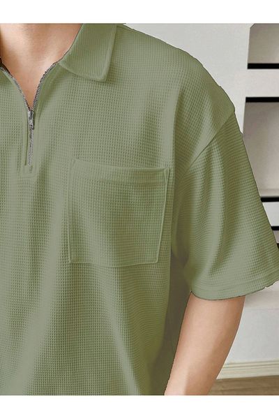 GENIUS STORE Ανδρικό μπλουζάκι βάφλα Χακί - Υπερμεγέθης λαιμόκοψης πόλο, με φερμουάρ