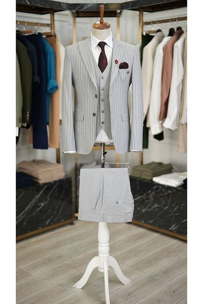 LONATOLİA Men's Gray Slim Fit Italian Style Suit - Pointed Collar Jacket, Vest, Trousers - Xprzcom820-17