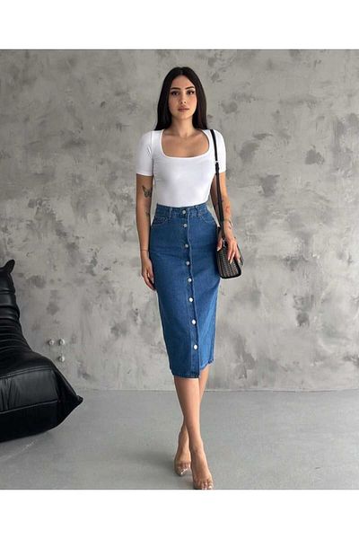 VESS MODA Fusta de damă din denim cu nasturi în față