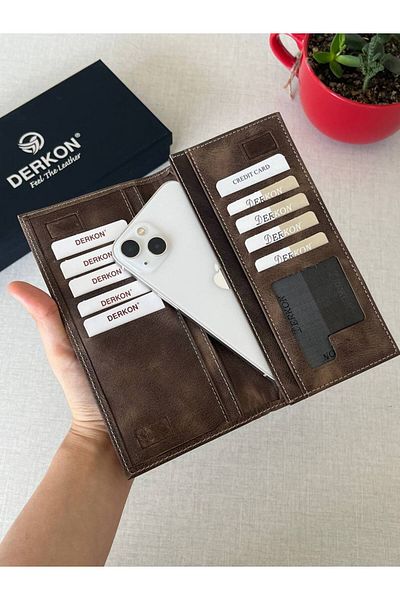 DERKON Gray Crazy Genuine Leather Wallet - With Magnetic Phone Compartment