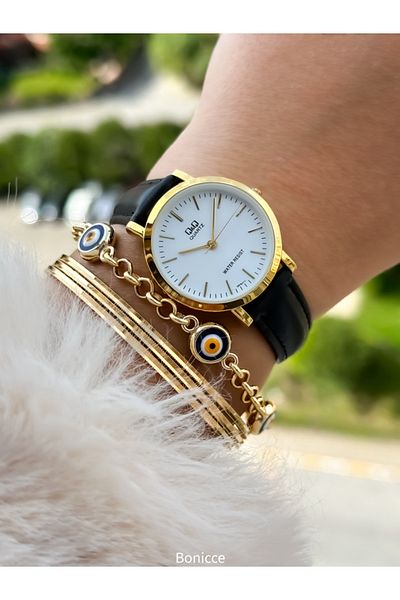 Q&Q Brand Retro Black Leather Cord, Polite Women's Wristwatch + Evil Eye Beaded Bracelet