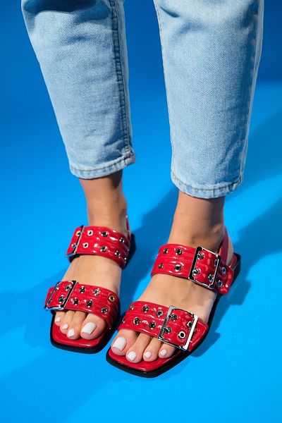 LuviShoes Red Patent Leather Silver Buckle Blob Women's Sandals