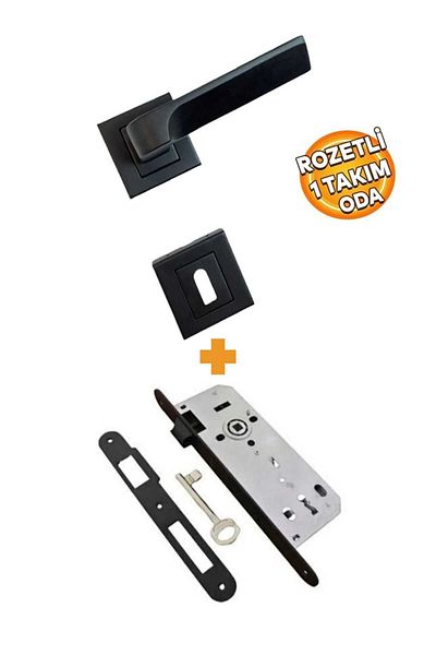 ARON Luxury New - Square Badge Room Door Set 2 Pieces - Black and Stand Handle