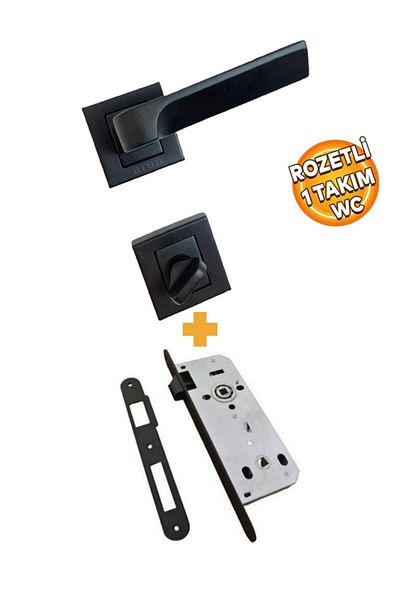 ARON Luxury New Dikmen with Square Badge (Banyo-Wc) Door Handle & Black Door Lock Set of 2 Lever Lock Suit