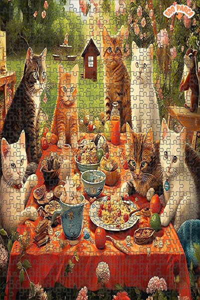 Teona Ahşap Kedilerin Bahçe Ziyafeti Dekoratif Çift Katlı Çerçeveli Asılabili...