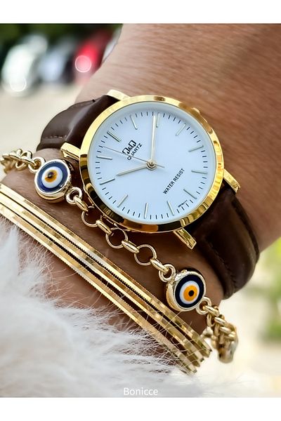 Q&Q Brand Retro Brown Leather Band, Polite Women's Wristwatch + Bracelet