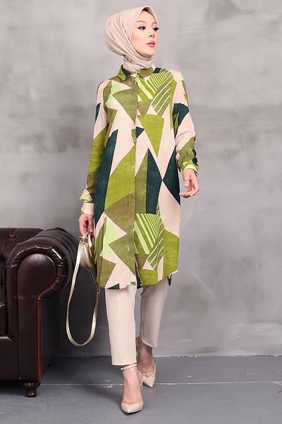 MODAQU Geometric Colored Viscose Tunic - Green
