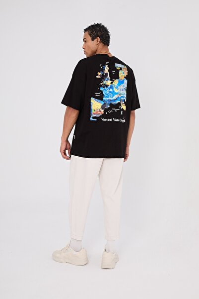 Saw Urbanity Siyah Oversize Tshirt Unisex Vincent Van Gogh Harita Aplikeli