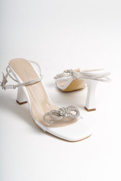 Moda Değirmeni Pantofi cu toc pentru damă, cu curele transparente la gleznă, cu fundă cu pietre - BG1181-121-0006