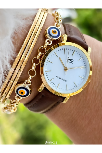 Q&Q Brand Retro Brown Leather Band, Polite Women's Wristwatch + Bracelet