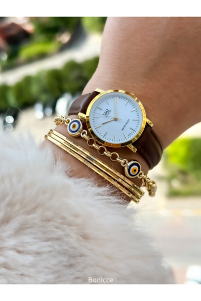 Q&Q Brand Retro Brown Leather Band, Polite Women's Wristwatch + Bracelet