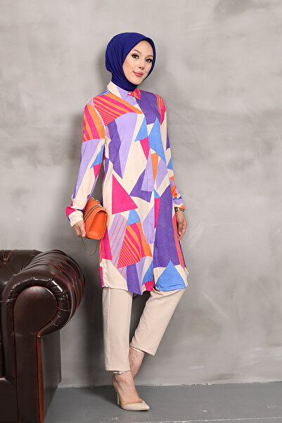 MODAQU Geometric Colored Viscose Tunic - Purple