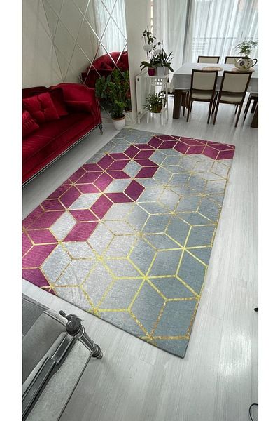 MEKA TEKSTİL Fuchsia Pyramid Silk Velvet Carpet Cover - Elastic