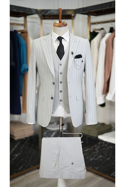 LONATOLİA Ανδρικό κοστούμι ανοιχτό γκρι Slim Fit - Ιταλικό στυλ, μπουφάν με κορυφές, γιλέκο, παντελόνι Xprzcom820-100