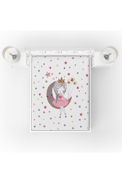 yok yok evim eve dair her şey Single Elastic Girl's Bed Sheet - Sitting on the Moon