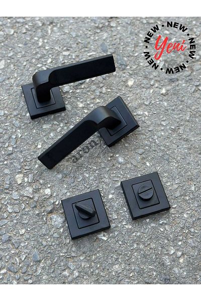 ARON Luxury New Dikmen with Square Badge (Banyo-Wc) Door Handle & Black Door Lock Set of 2 Lever Lock Suit