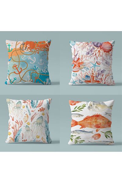 Karma Home Set de 4 perne de șold cu model marin, imprimat digital, albastru-portocaliu