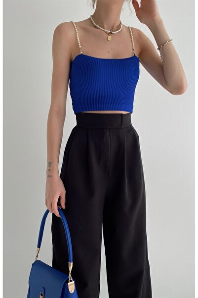 Bengi Clothing Kadın Saks Mavisi Triko İnci Askı Detay Crop Bluz