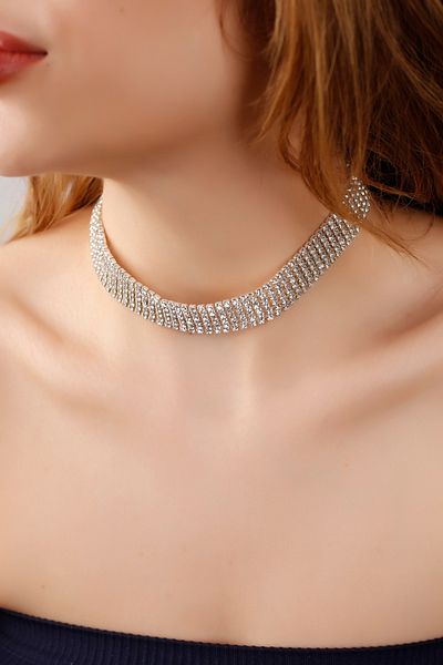 Serelia Zircon Stone 6 Row Model Women's Necklace - Silver Choker, Engagement Wedding Bridal Chocker