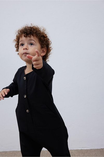 Fahhar Kids Kangaroo Pocketed Children's Jumpsuit Black