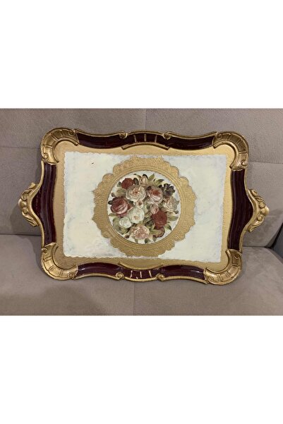 esdekor Gold Pembe Çiçek Desenli Italyan Gül Ağacı El Yapımı Dikdörtgen Büyük Tepsi 54,5x35,5cm 1 Adet