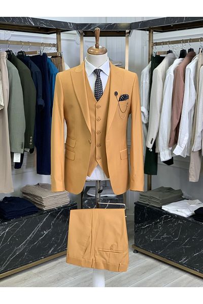LONATOLİA Men's Mustard Slim Fit Suit - Italian Cut, Pointed Collar Jacket, Vest, Trousers - xprzcom693-93