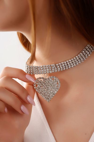 Serelia Heart Model Zircon Stone Silver Necklace - 4 Rows Choker, Engagement and Wedding Bridal Set