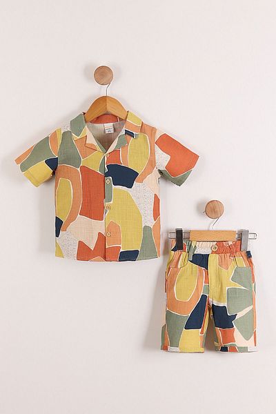 Pollito Linen Shirt and Shorts for Boy - Geometric Pattern, Multicolor 2-Piece Set
