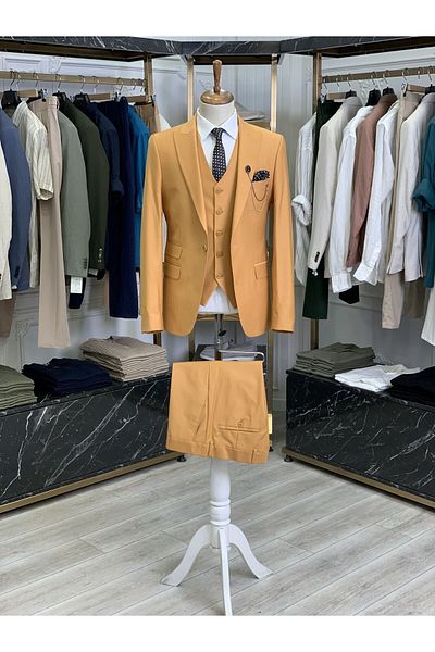 LONATOLİA Men's Mustard Slim Fit Suit - Italian Cut, Pointed Collar Jacket, Vest, Trousers - xprzcom693-93