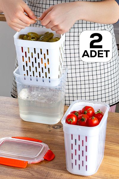 Porsima 1047 2-Piece Locking Lid with Strainer Pickle Olive Rack Multi-Purpose Rectangular Storage Container 2 L