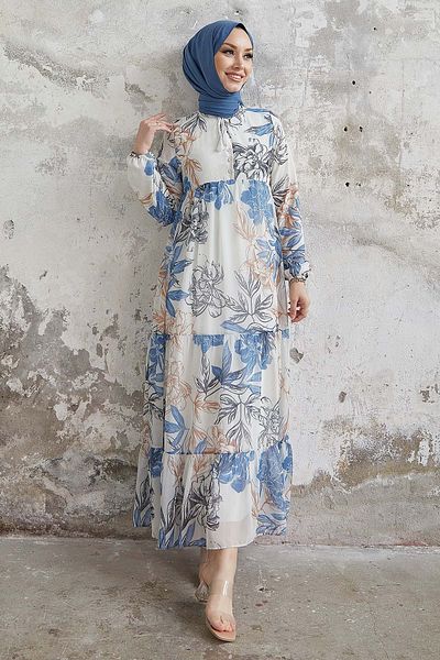 InStyle Jalya gombos gallérral fűzött sifon ruha - kék