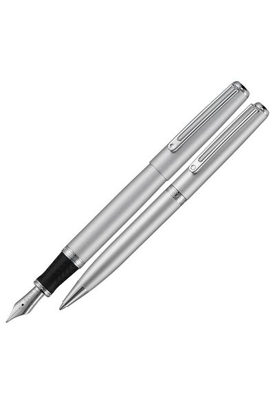 İnoxcrom Spain Barcelona Wall Street - Satin Matte Chrome Fountain and Ballpoint Pen Set