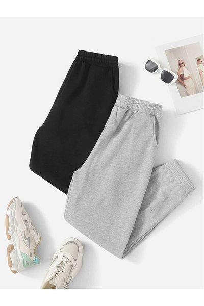 Boi Unisex Jogger Sweatpants Σετ 2 τεμαχίων - Μαύρο και γκρι, ελαστικό πόδι, καλοκαιρινό oversize ψηλόμεσο