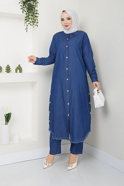 Pamuk Butik Γυναικείο Ξύλινο Κουμπί Λεπτομερές Παντελόνι Διπλό Τζιν Σετ
