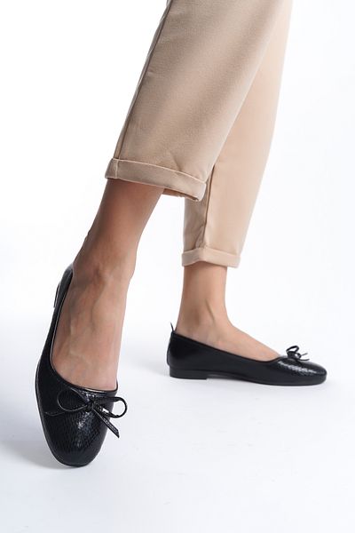 Moda Değirmeni Balerini negri pentru damă cu detaliu fundă - BG1010-111-0005